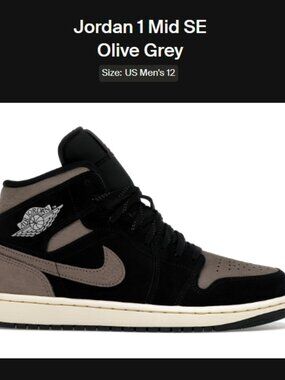 Size 12 - Jordan 1 Mid SE Olive Grey - IB7110-002 - AUTHENTIC NEW!!